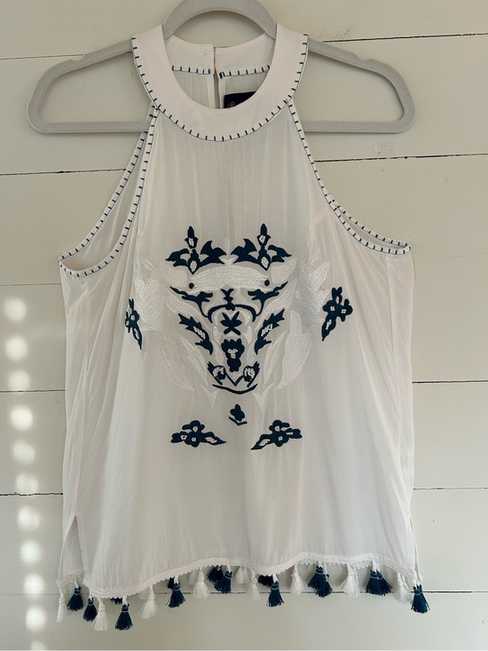 Blue Rain Tops - NWT Blue Rain Boho Style Halter with Turquoise Embroidery and Tassels, Size Med